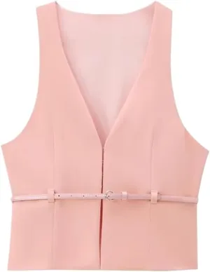 Women Belted Sheath Vest Pink Slim Sleeveless Crop Top Fashion Office Wear Short Camisole