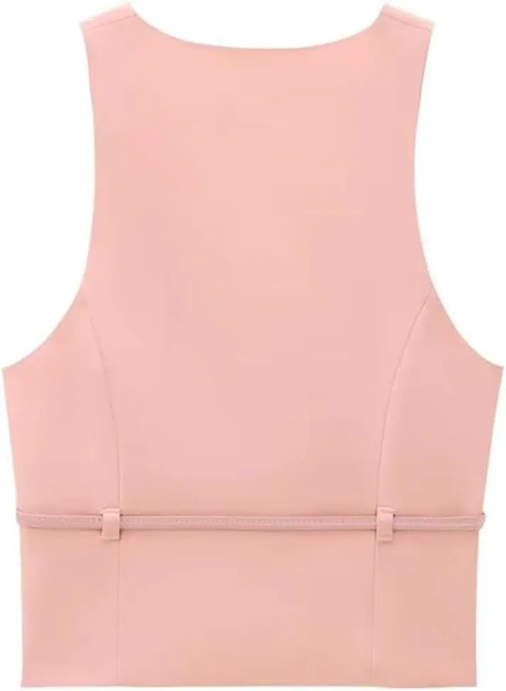 Women Belted Sheath Vest Pink Slim Sleeveless Crop Top Fashion Office Wear Short Camisole