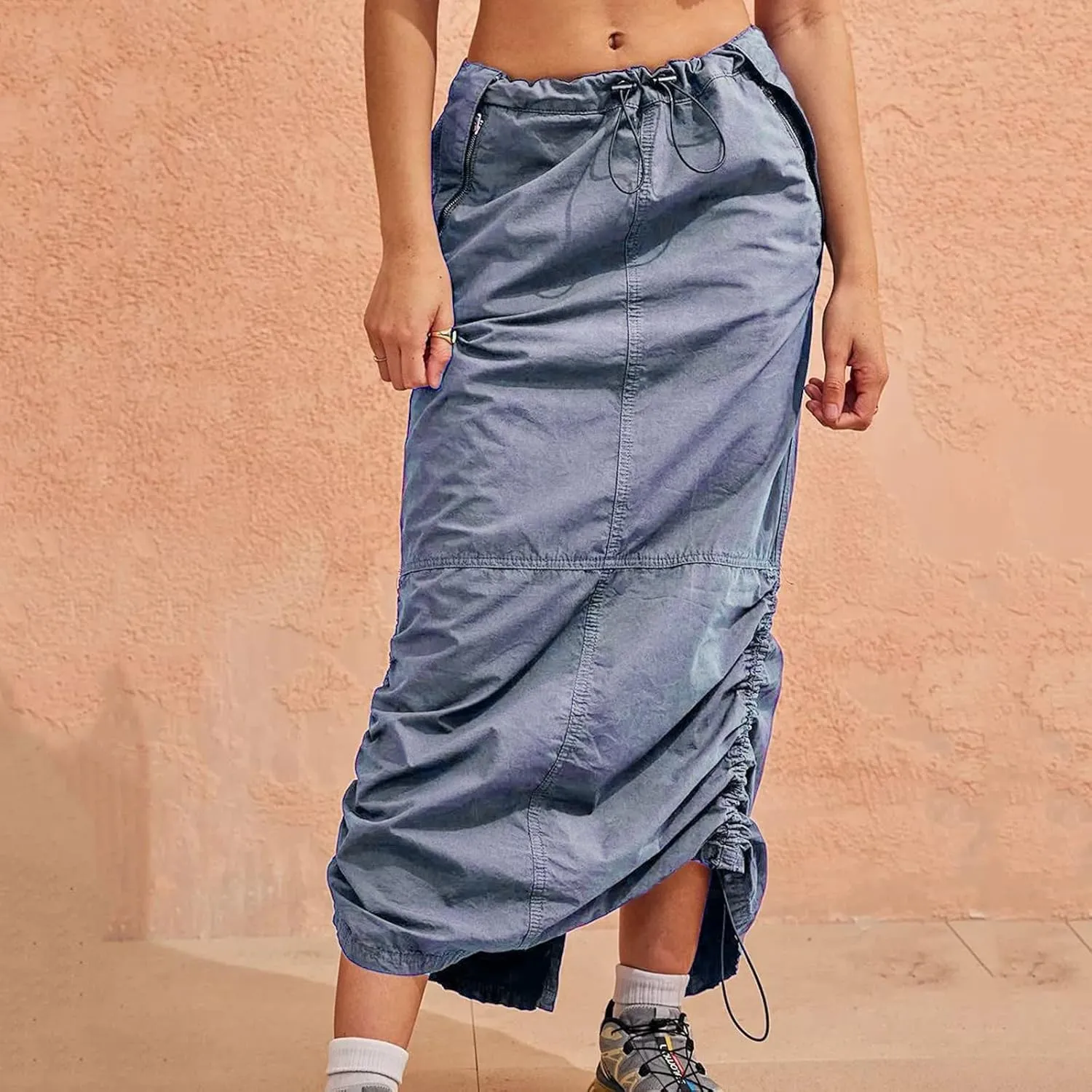 Women Cargo Long Skirt Skirts for Women Plus Size Drawstring High Waist Maxi Cargo Skirt with Pockets Black Skirt