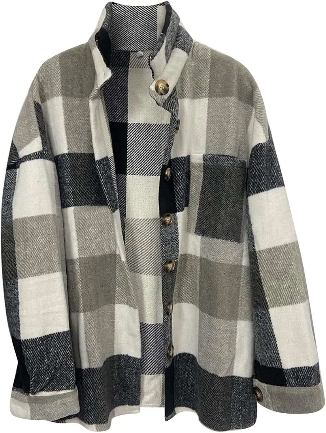Women Girl Fleece Jacket Flannel Wool Blend Buffalo Plaid Shacket Jacket Lapel Pockets Button Winter Trench Coat
