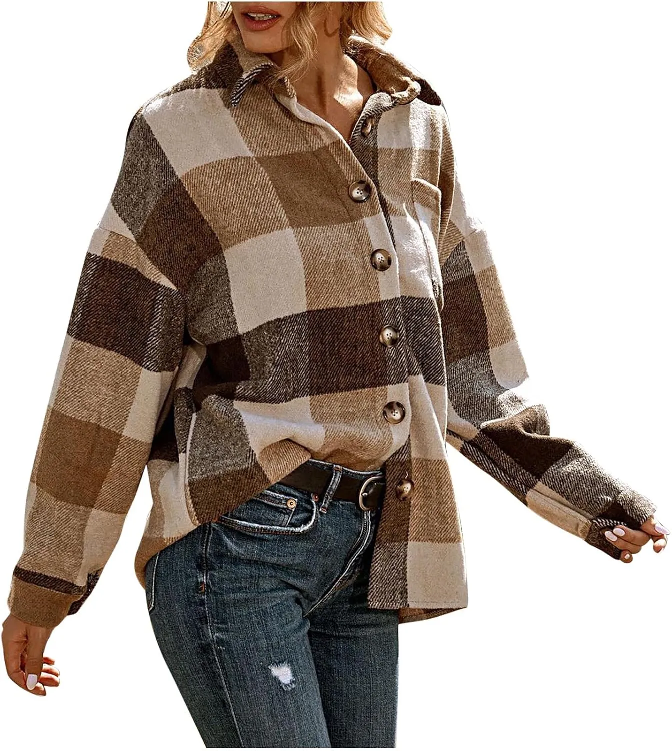 Women Girl Fleece Jacket Flannel Wool Blend Buffalo Plaid Shacket Jacket Lapel Pockets Button Winter Trench Coat