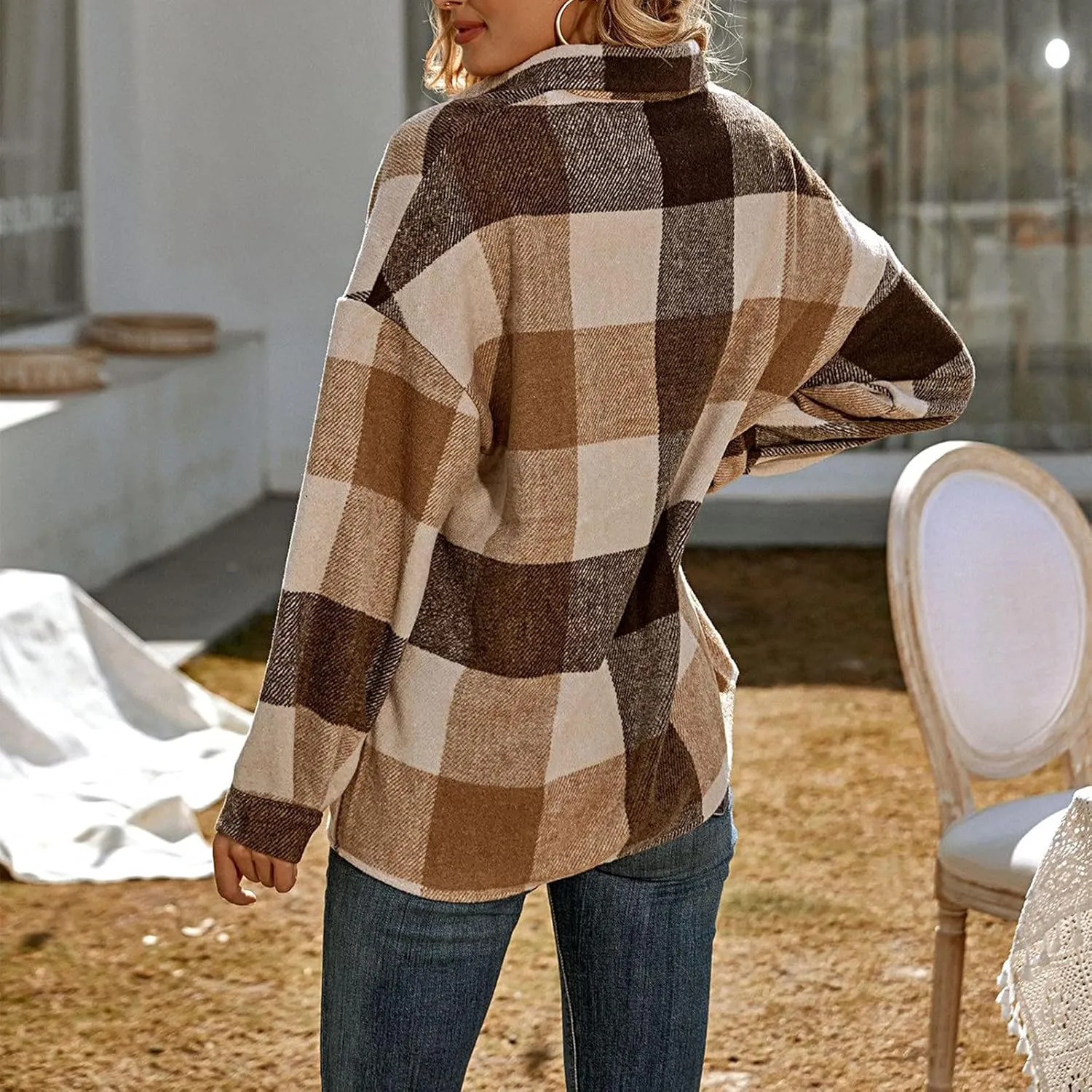 Women Girl Fleece Jacket Flannel Wool Blend Buffalo Plaid Shacket Jacket Lapel Pockets Button Winter Trench Coat