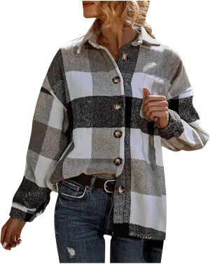 Women Girl Fleece Jacket Flannel Wool Blend Buffalo Plaid Shacket Jacket Lapel Pockets Button Winter Trench Coat