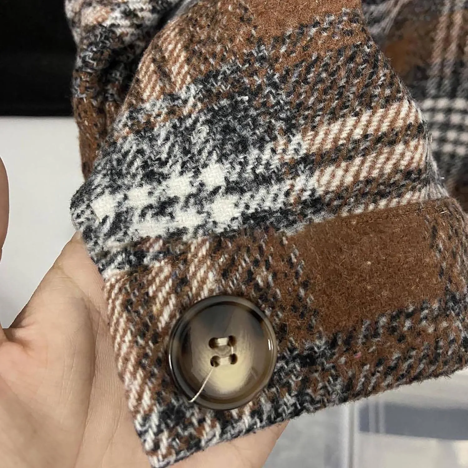 Women Girl Fleece Jacket Flannel Wool Blend Buffalo Plaid Shacket Jacket Lapel Pockets Button Winter Trench Coat