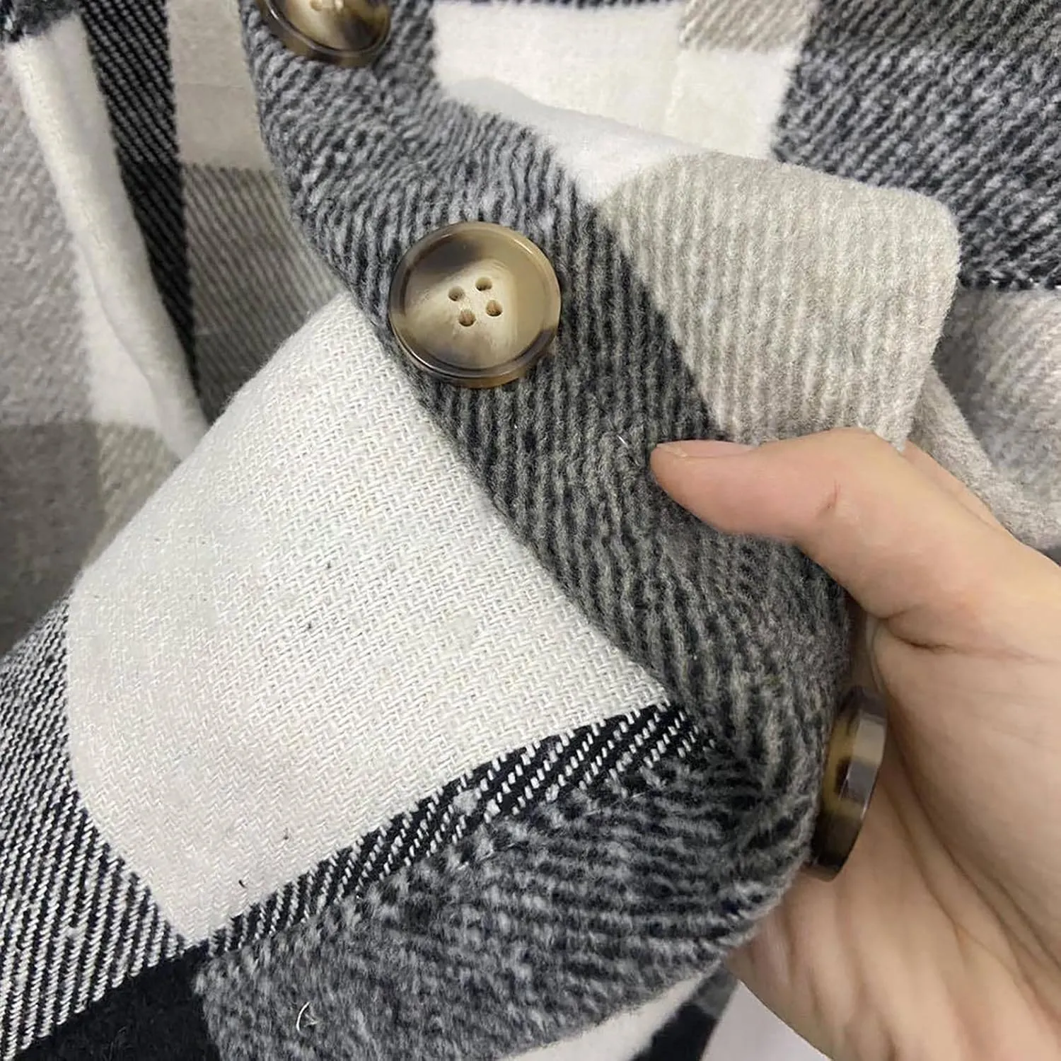 Women Girl Fleece Jacket Flannel Wool Blend Buffalo Plaid Shacket Jacket Lapel Pockets Button Winter Trench Coat