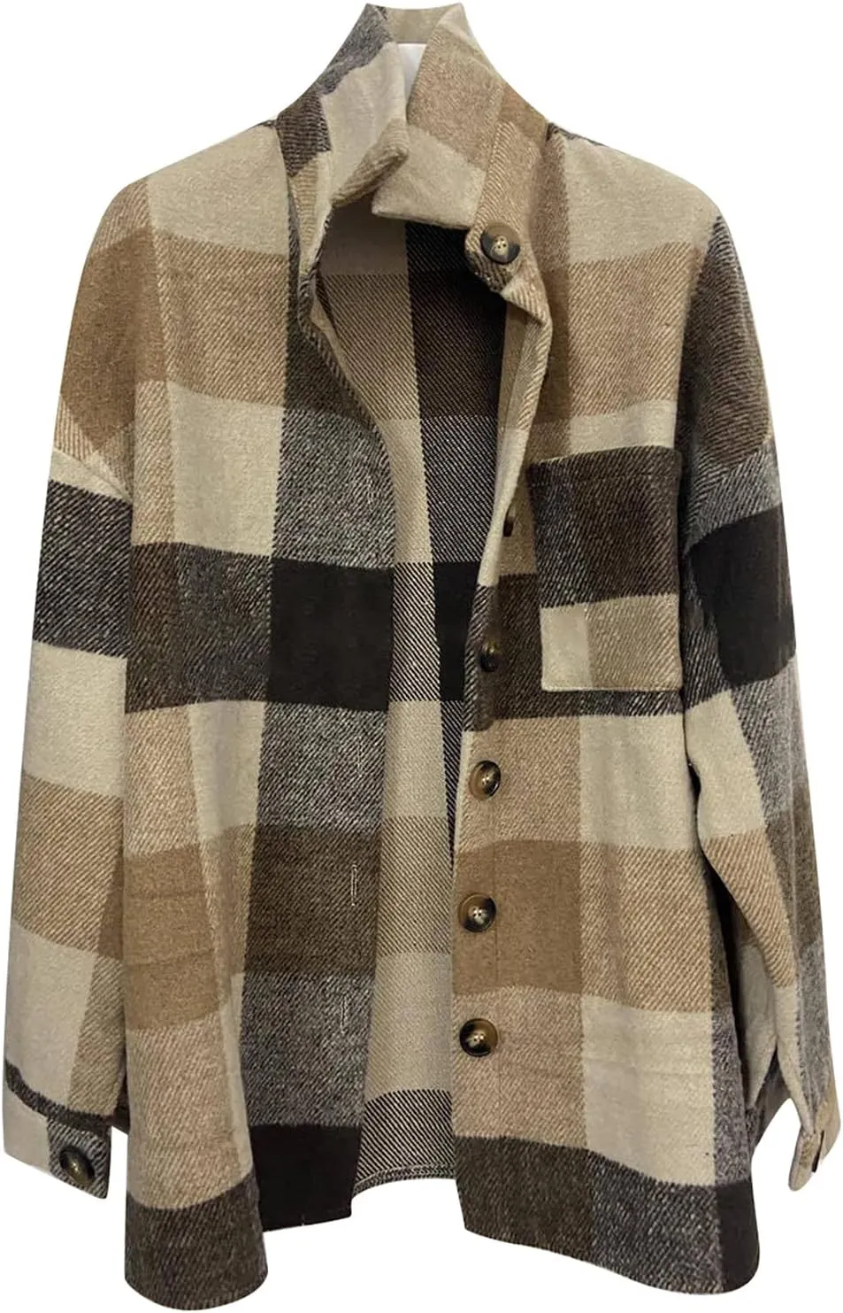 Women Girl Fleece Jacket Flannel Wool Blend Buffalo Plaid Shacket Jacket Lapel Pockets Button Winter Trench Coat