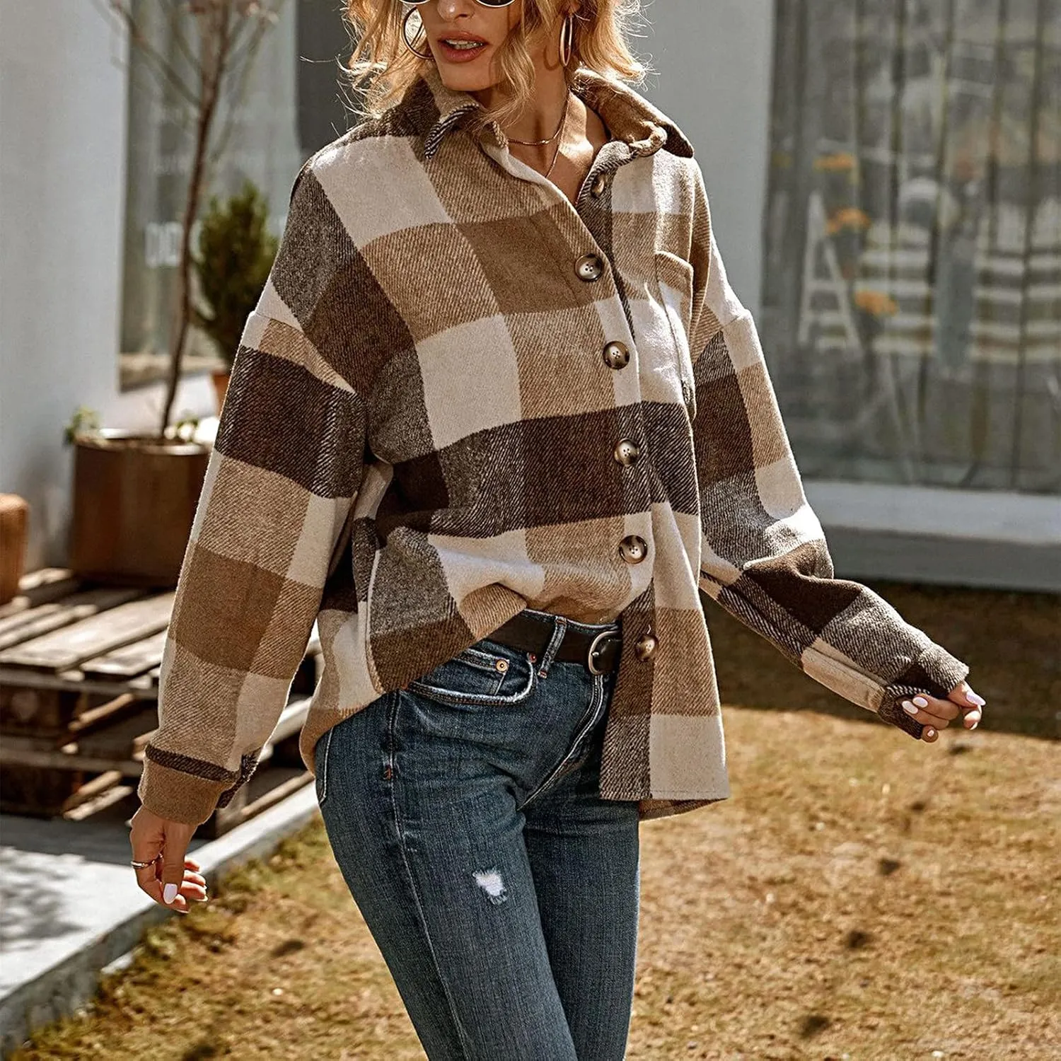 Women Girl Fleece Jacket Flannel Wool Blend Buffalo Plaid Shacket Jacket Lapel Pockets Button Winter Trench Coat