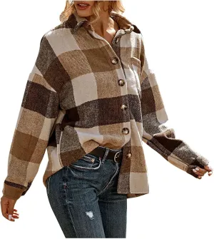 Women Girl Fleece Jacket Flannel Wool Blend Buffalo Plaid Shacket Jacket Lapel Pockets Button Winter Trench Coat