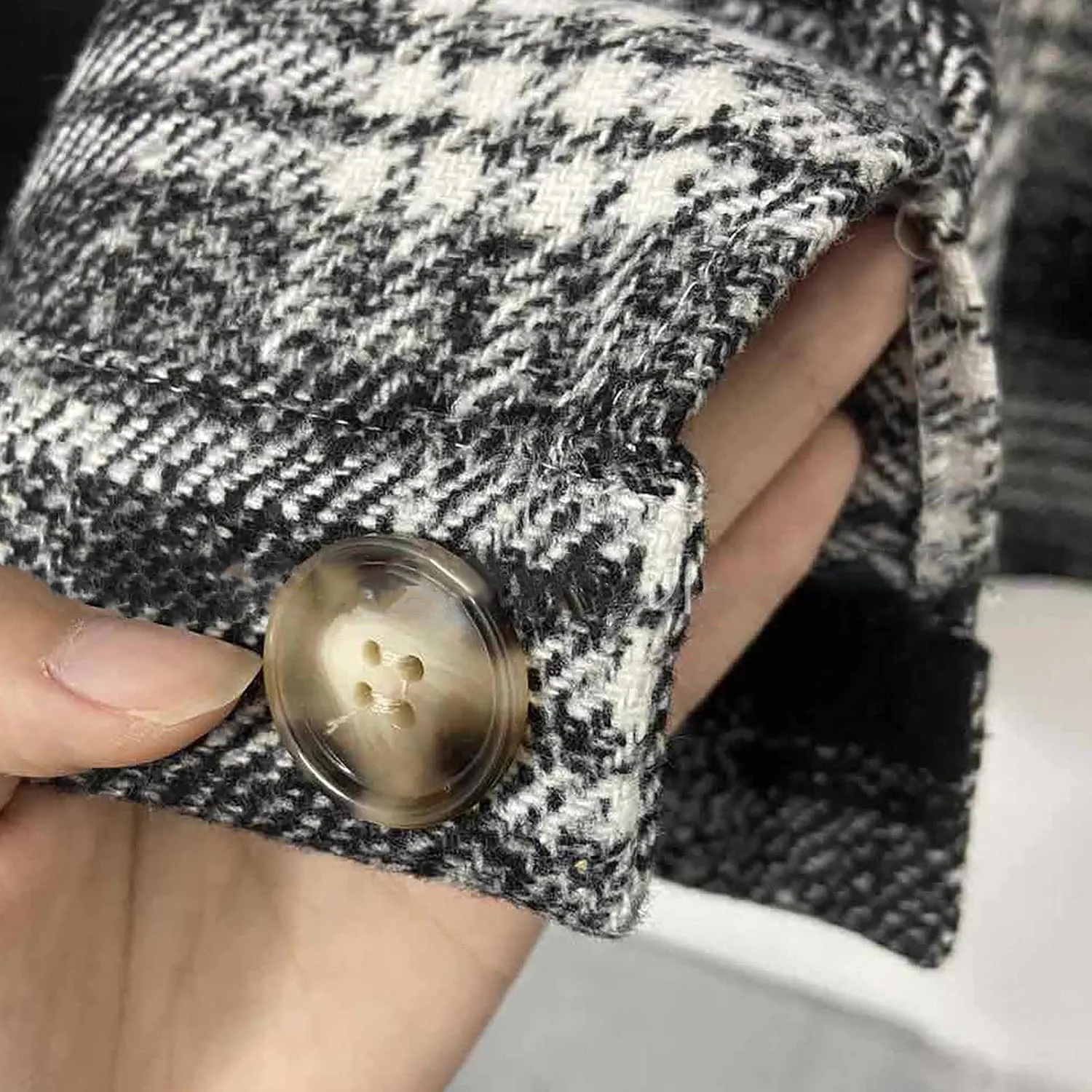 Women Girl Fleece Jacket Flannel Wool Blend Buffalo Plaid Shacket Jacket Lapel Pockets Button Winter Trench Coat