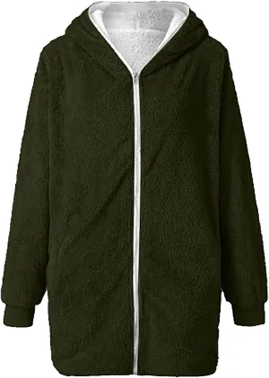 Women Girls Winter Sherpa Hooded Jackets Zip up Hoodie Quilted Lightweight Wool Blend Fleece Trench Coats Outerwear