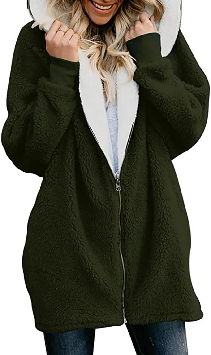 Women Girls Winter Sherpa Hooded Jackets Zip up Hoodie Quilted Lightweight Wool Blend Fleece Trench Coats Outerwear