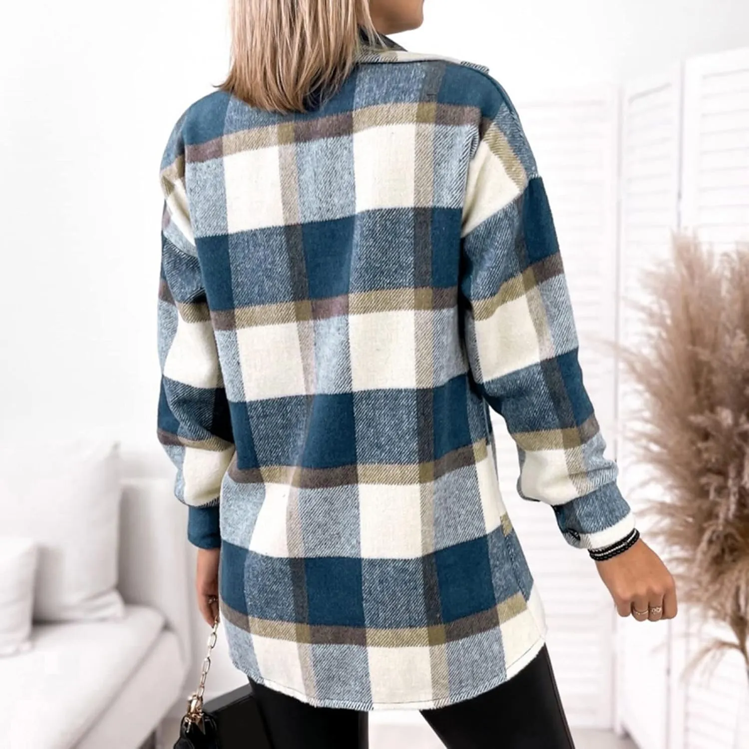 Women Plaid Shacket Jacket Button Down Wool Blend Fall Flannel Jacket Tartan Trench Coat Lapel Collar Loose Outerwear