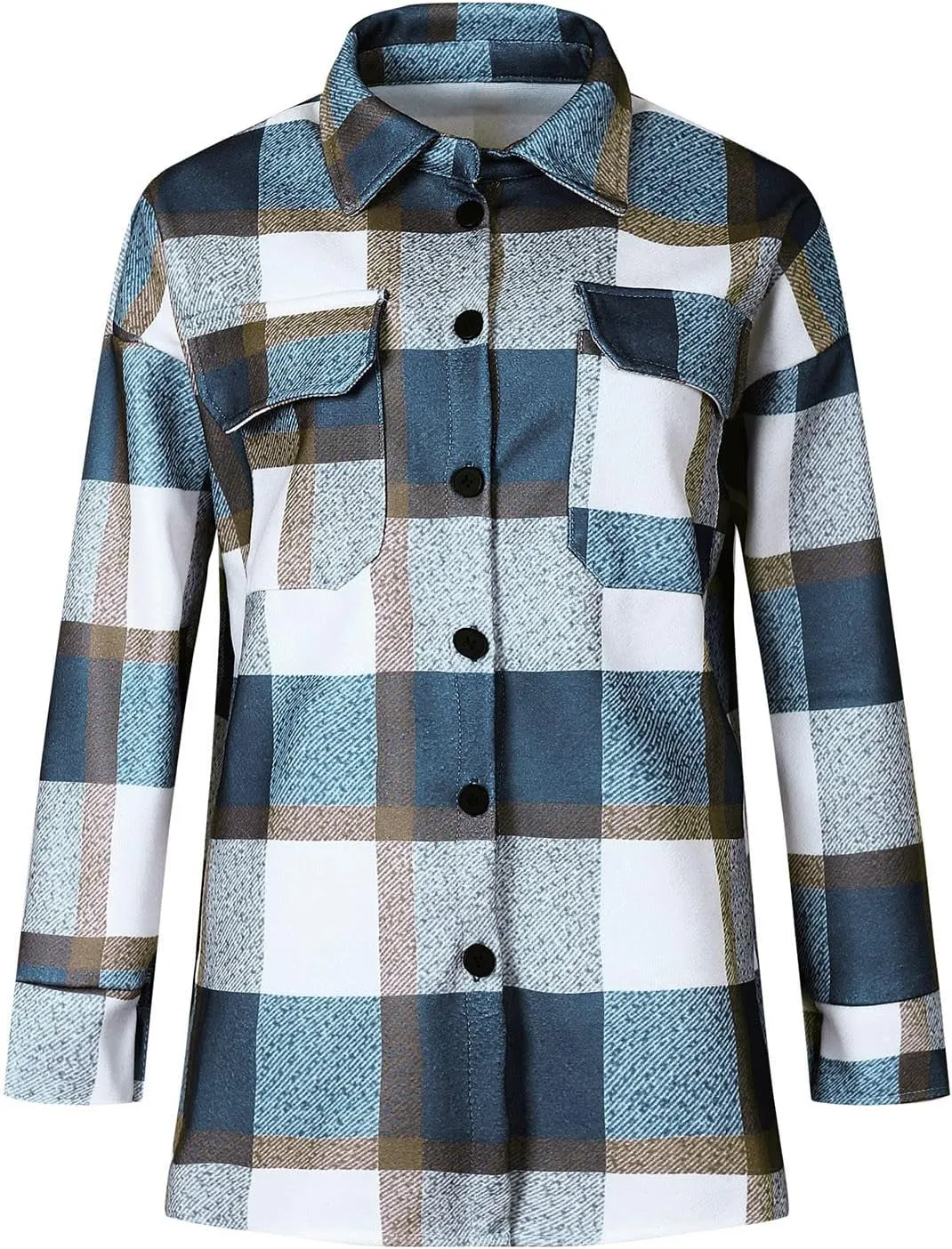 Women Plaid Shacket Jacket Button Down Wool Blend Fall Flannel Jacket Tartan Trench Coat Lapel Collar Loose Outerwear