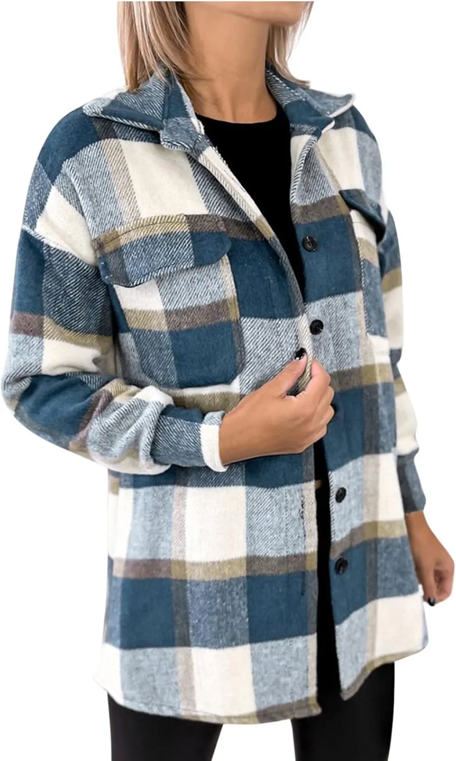 Women Plaid Shacket Jacket Button Down Wool Blend Fall Flannel Jacket Tartan Trench Coat Lapel Collar Loose Outerwear