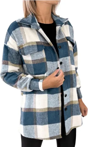 Women Plaid Shacket Jacket Button Down Wool Blend Fall Flannel Jacket Tartan Trench Coat Lapel Collar Loose Outerwear