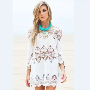Women Summer Beach Wear Crochet Tunics Dresses Half Sleeve 2016 New Flower Embroidery Boho Lace Shirt Hollow Out Cover Ups