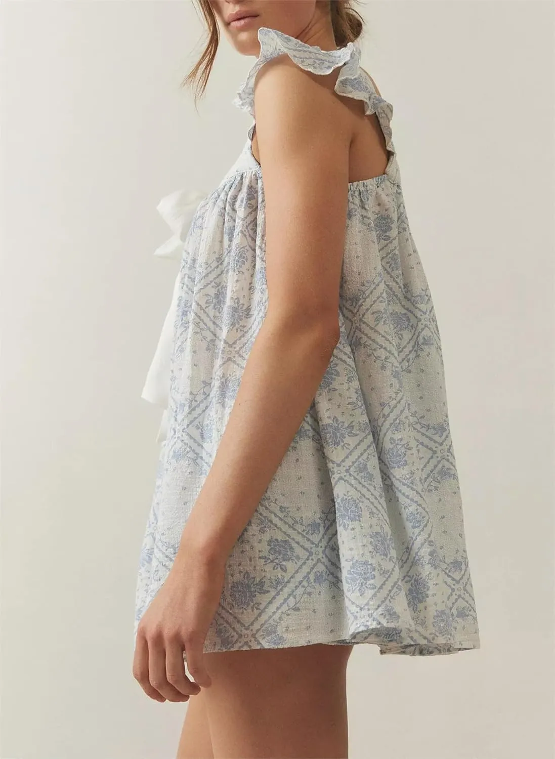Women Summer Mini Dress Bow Print Ruffle Strap Mini Dress Cute Square Neck Loose A-Line Beach Babydoll Sundress