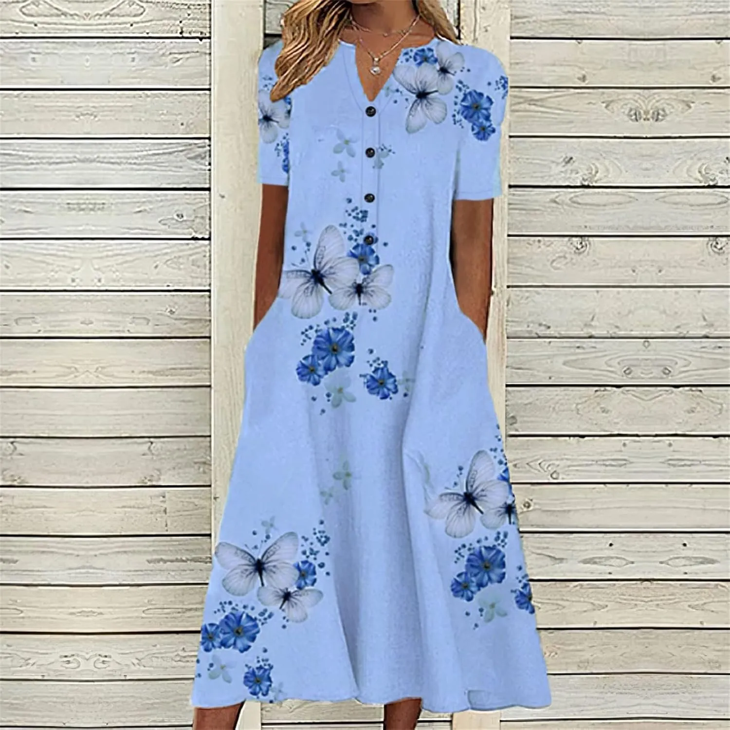 Women's Casual Cocktail Dresses Summer V Neck Button Midi Dress with Pockets Long Beach Dresses Sundresses