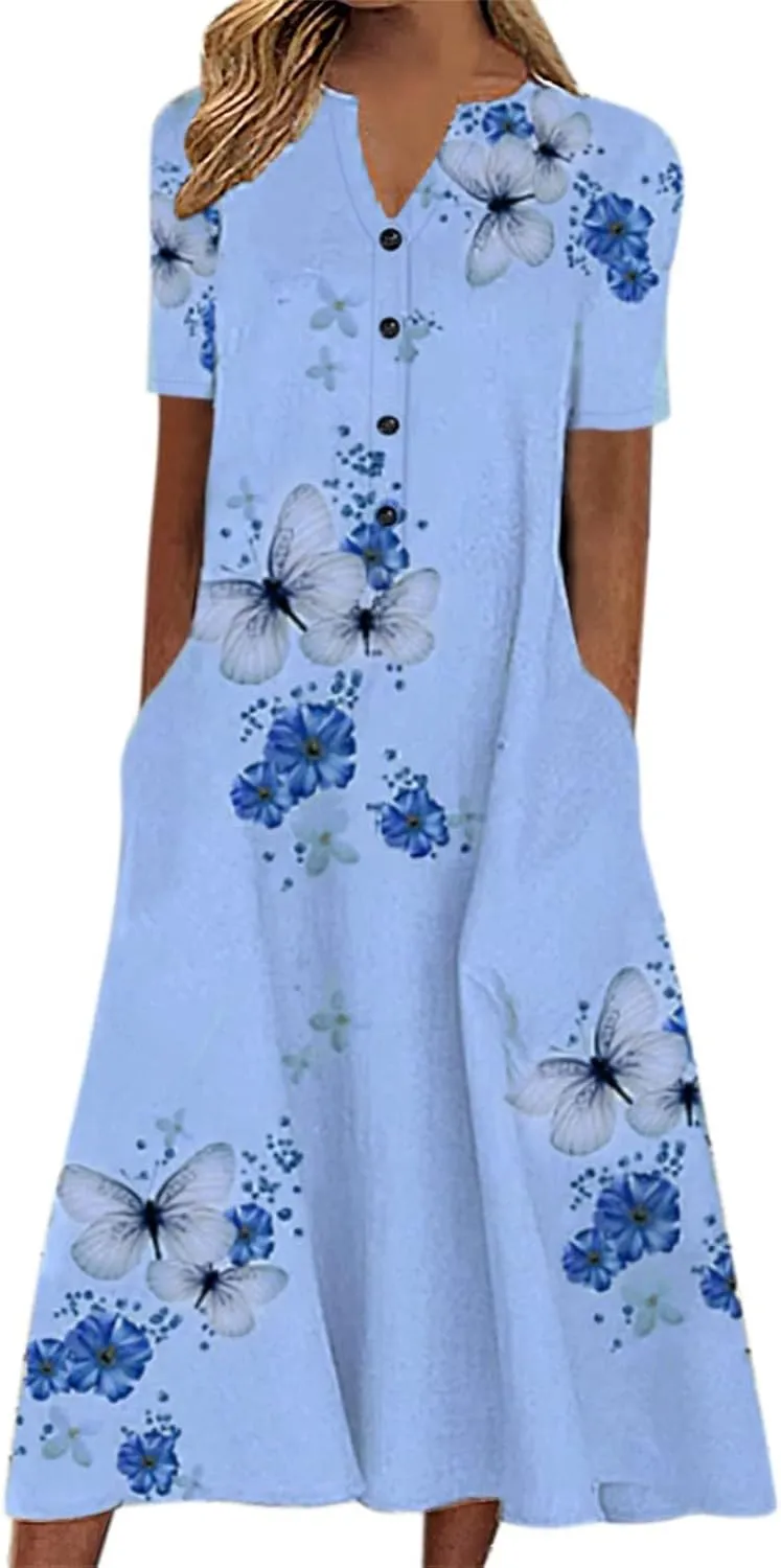 Women's Casual Cocktail Dresses Summer V Neck Button Midi Dress with Pockets Long Beach Dresses Sundresses