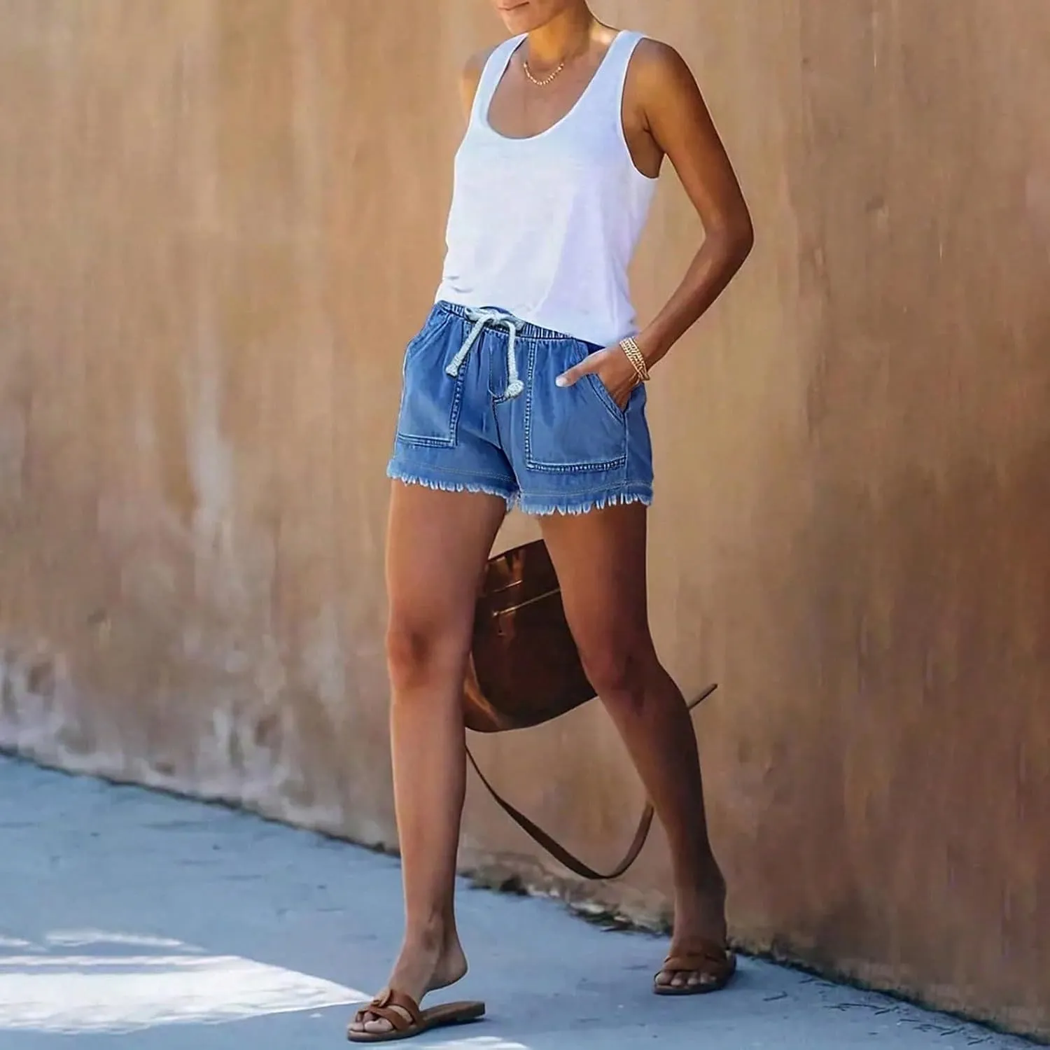 Womens Jean Shorts High Waisted Ripped Stretchy Denim Shorts Casual Cute Frayed Rolled Hem Baggy Jorts with Pockets
