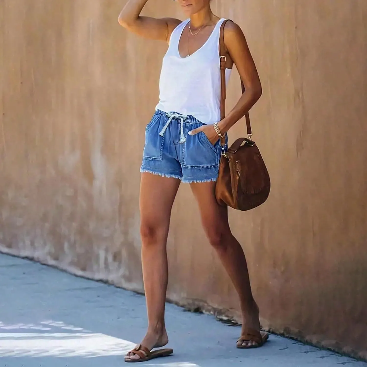 Womens Jean Shorts High Waisted Ripped Stretchy Denim Shorts Casual Cute Frayed Rolled Hem Baggy Jorts with Pockets
