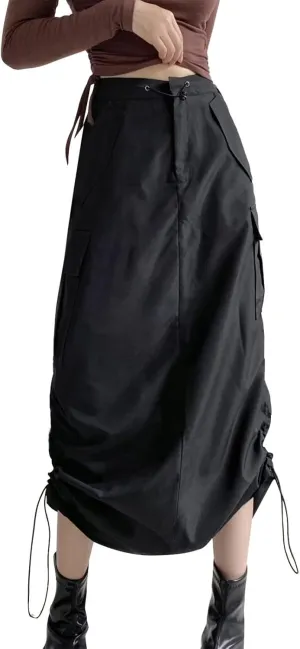 Women's Loose Casual Quick Drying Pleated Drawcord Work Suit Split Skirt Girls Midi Skirt Tight Skirt (2-Black, L)