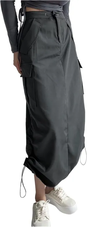 Women's Loose Casual Quick Drying Pleated Drawcord Work Suit Split Skirt Girls Midi Skirt Tight Skirt (2-Grey, L)