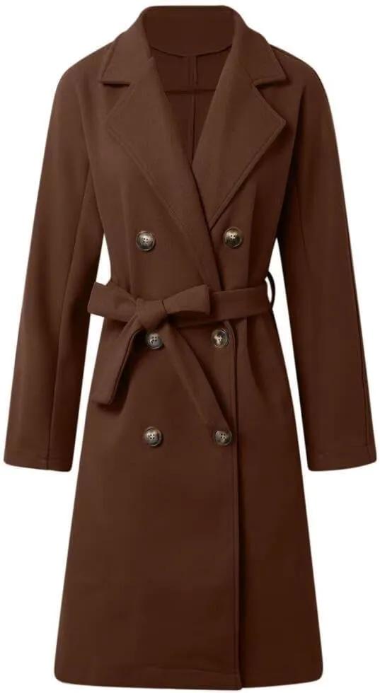 Women's Notch Lapel Double Breasted Wool Blend Mid Long Pea Trench Coat