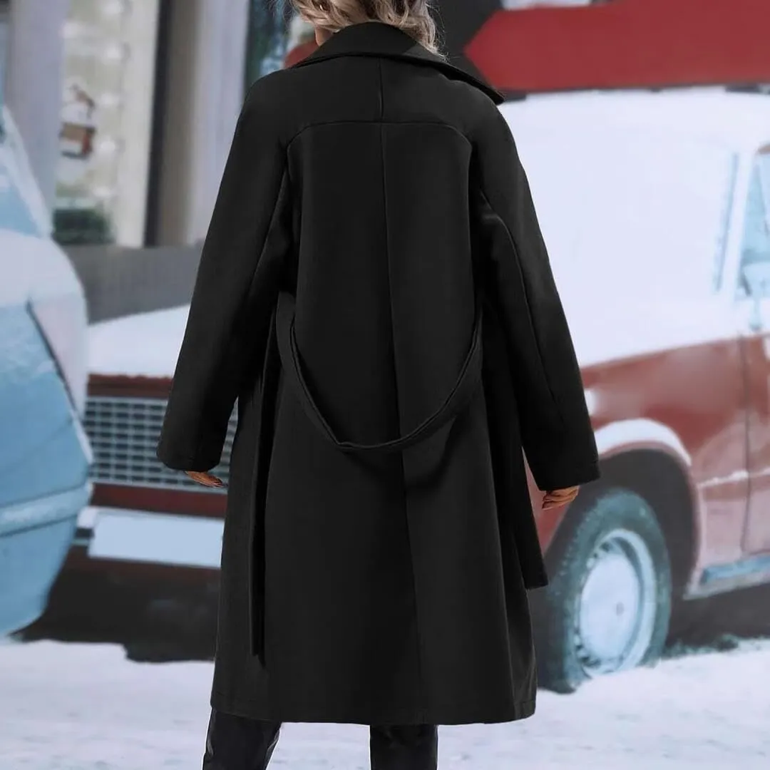 Women's Notch Lapel Double Breasted Wool Blend Mid Long Pea Trench Coat