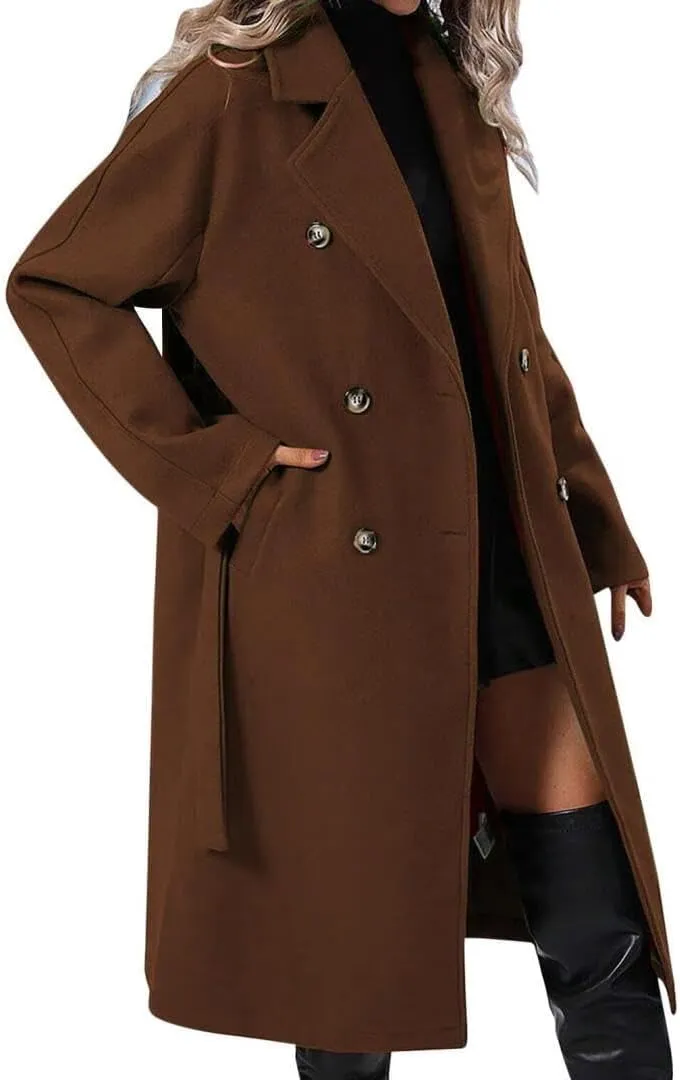 Women's Notch Lapel Double Breasted Wool Blend Mid Long Pea Trench Coat