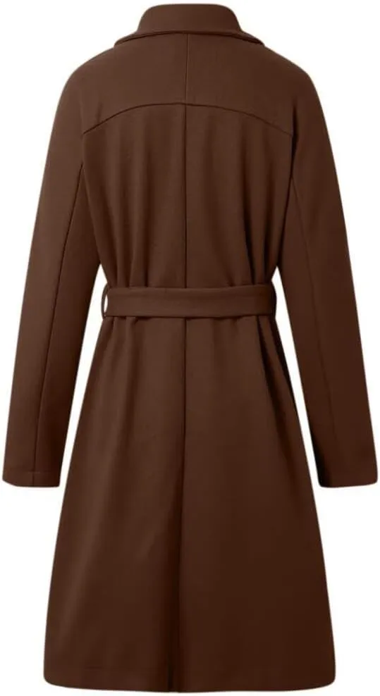 Women's Notch Lapel Double Breasted Wool Blend Mid Long Pea Trench Coat