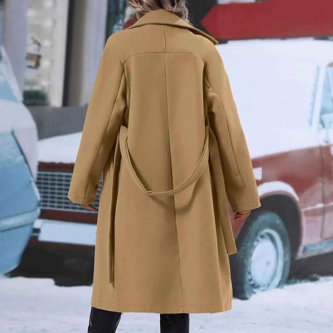 Women's Notch Lapel Double Breasted Wool Blend Mid Long Pea Trench Coat