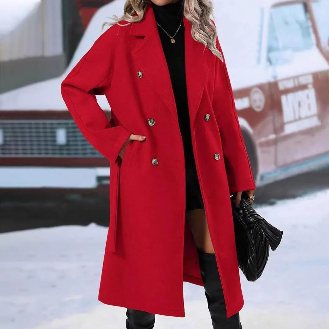 Women's Notch Lapel Double Breasted Wool Blend Mid Long Pea Trench Coat