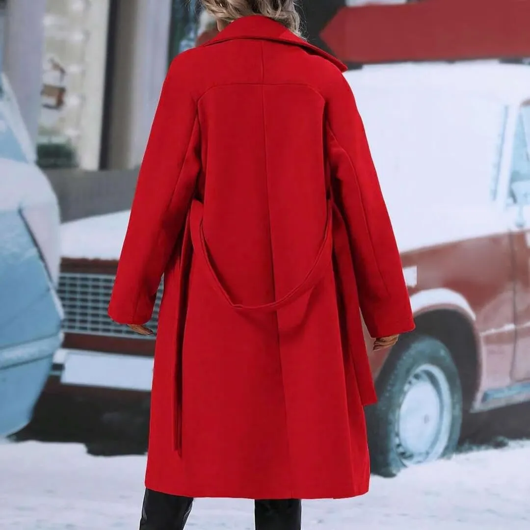 Women's Notch Lapel Double Breasted Wool Blend Mid Long Pea Trench Coat