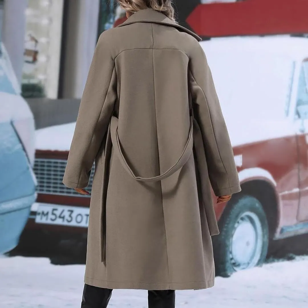 Women's Notch Lapel Double Breasted Wool Blend Mid Long Pea Trench Coat