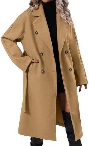 Women's Notch Lapel Double Breasted Wool Blend Mid Long Pea Trench Coat