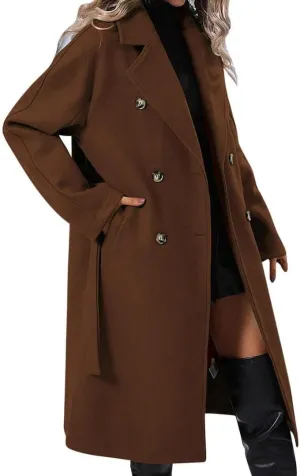 Women's Notch Lapel Double Breasted Wool Blend Mid Long Pea Trench Coat