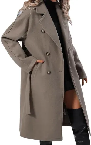 Women's Notch Lapel Double Breasted Wool Blend Mid Long Pea Trench Coat