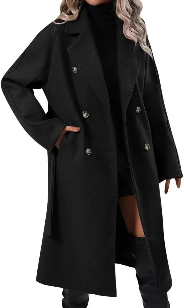 Women's Notch Lapel Double Breasted Wool Blend Mid Long Pea Trench Coat