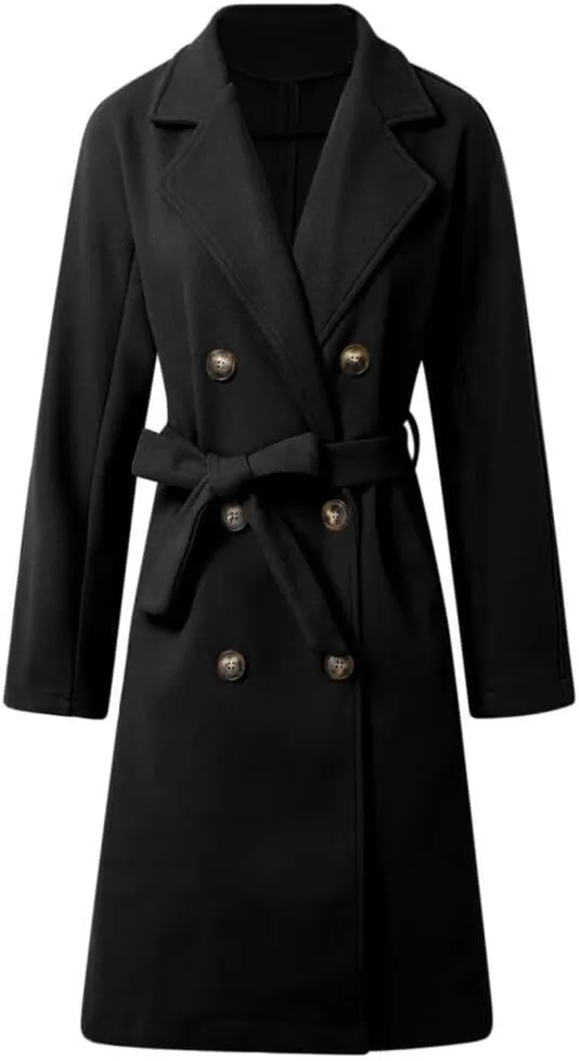 Women's Notch Lapel Double Breasted Wool Blend Mid Long Pea Trench Coat