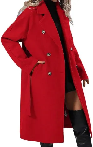 Women's Notch Lapel Double Breasted Wool Blend Mid Long Pea Trench Coat