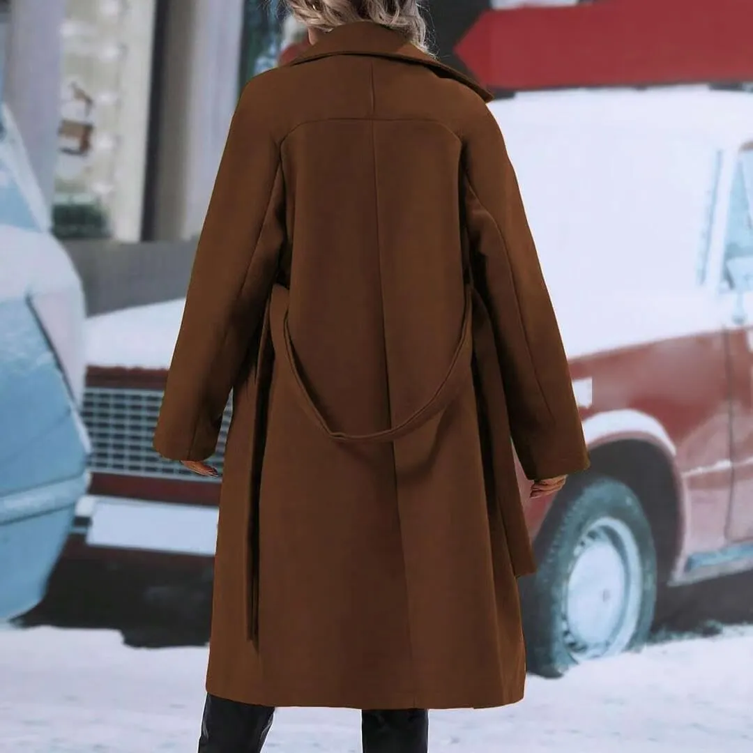 Women's Notch Lapel Double Breasted Wool Blend Mid Long Pea Trench Coat