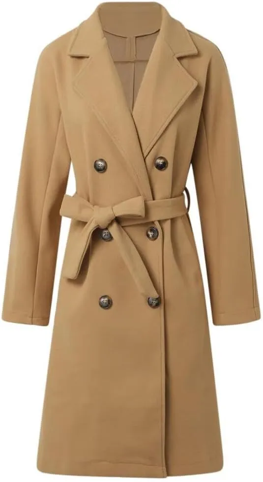 Women's Notch Lapel Double Breasted Wool Blend Mid Long Pea Trench Coat