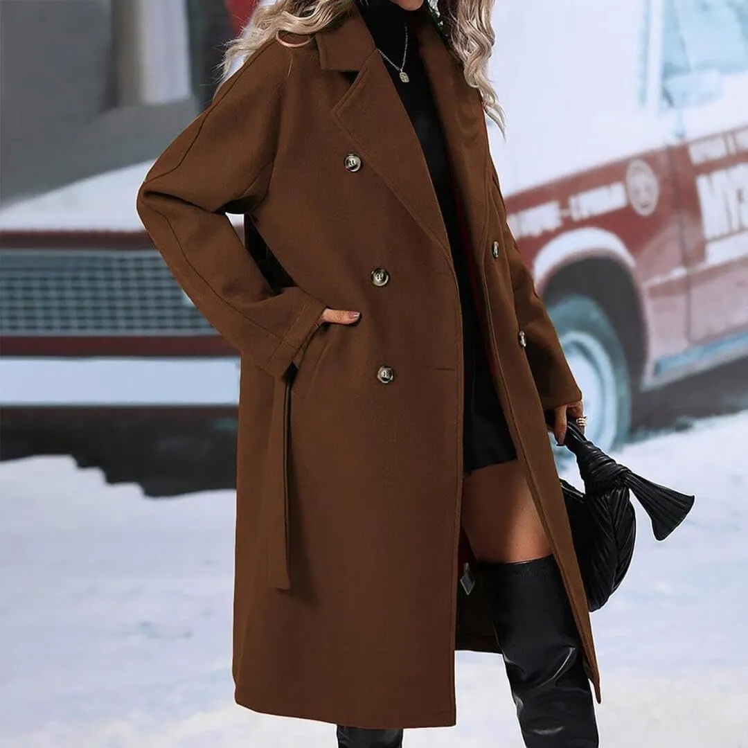 Women's Notch Lapel Double Breasted Wool Blend Mid Long Pea Trench Coat