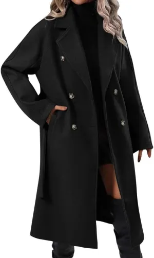 Women's Notch Lapel Double Breasted Wool Blend Mid Long Pea Trench Coat