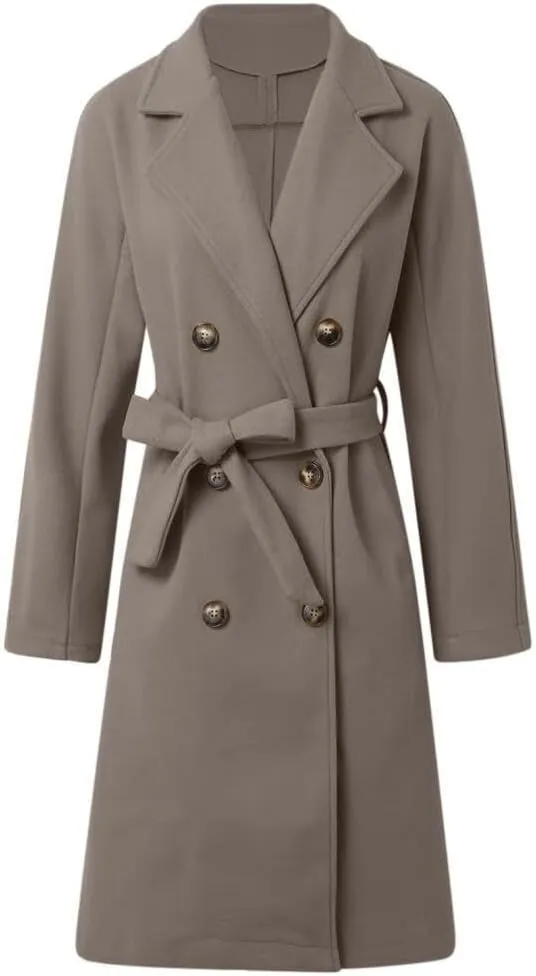 Women's Notch Lapel Double Breasted Wool Blend Mid Long Pea Trench Coat