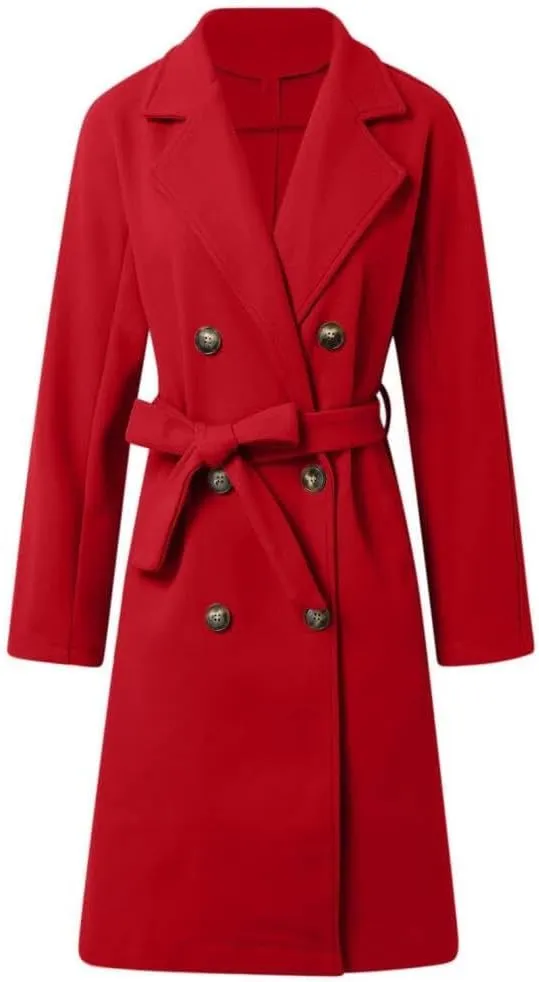 Women's Notch Lapel Double Breasted Wool Blend Mid Long Pea Trench Coat