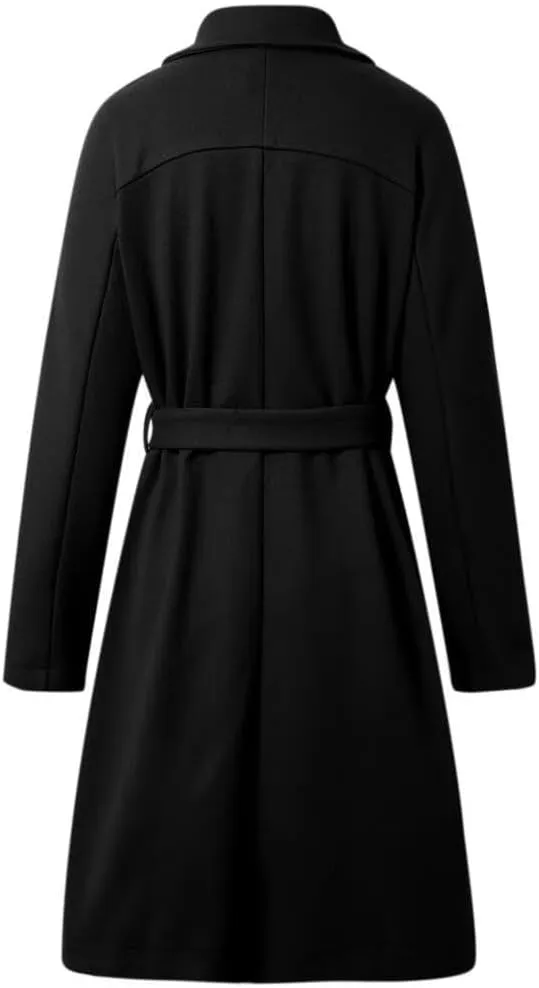 Women's Notch Lapel Double Breasted Wool Blend Mid Long Pea Trench Coat