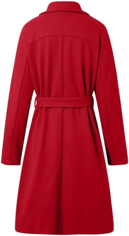 Women's Notch Lapel Double Breasted Wool Blend Mid Long Pea Trench Coat