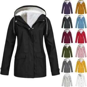 Women's Raincoats Plus Size Fleece-Lined Jacket Waterproof Winter Ski Jacket Outdoor Hooded Hiking Coats Windbreaker